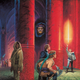 Mat and Perrin watch Rand reach up to a floating, glowing sword while a man in a hooded cape watches from the shaoows.